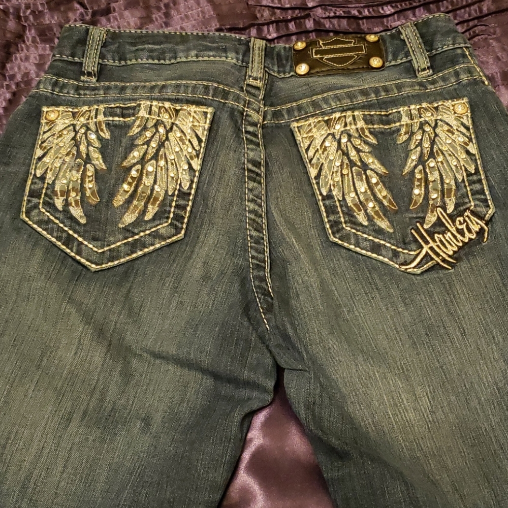 Harley Davidson embellished jeans.